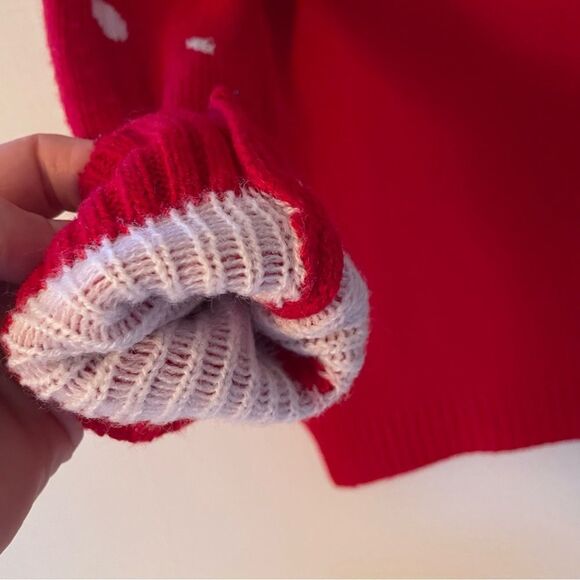 Penguin Plush Appliqué Crewneck Girl’s Red Christmas Sweater, White Polk… - Picture 7 of 10